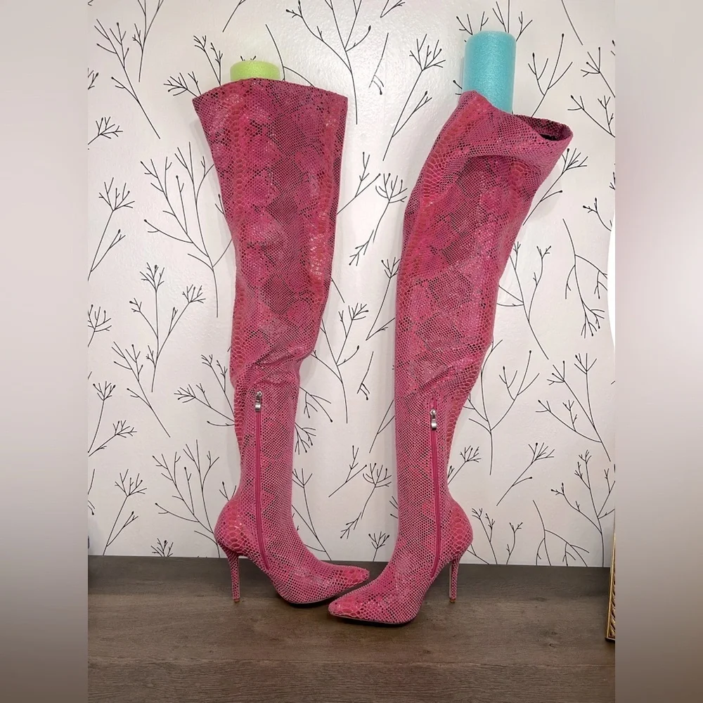 Azalea Wang Pink Python Thigh High Boots